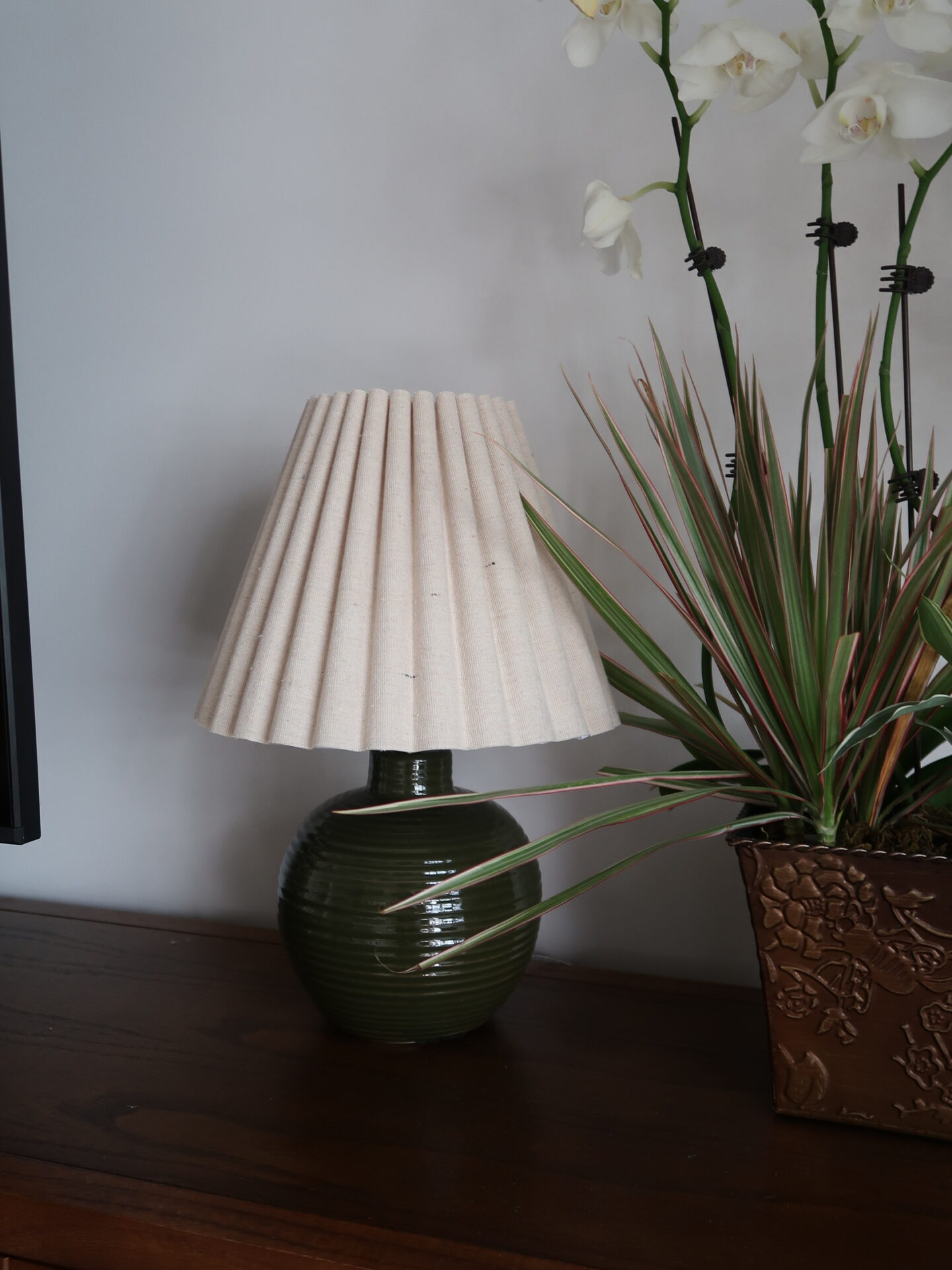 green lamp with fluted lampshade